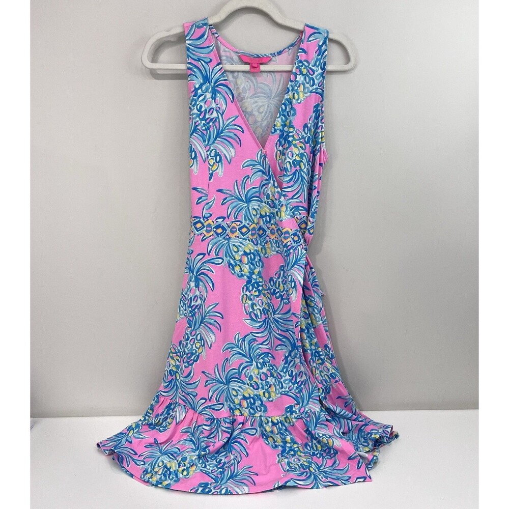 Lilly Pulitzer Misha Wrap Dress Beat the Heat Pelican Pink Blue Sz L Resort